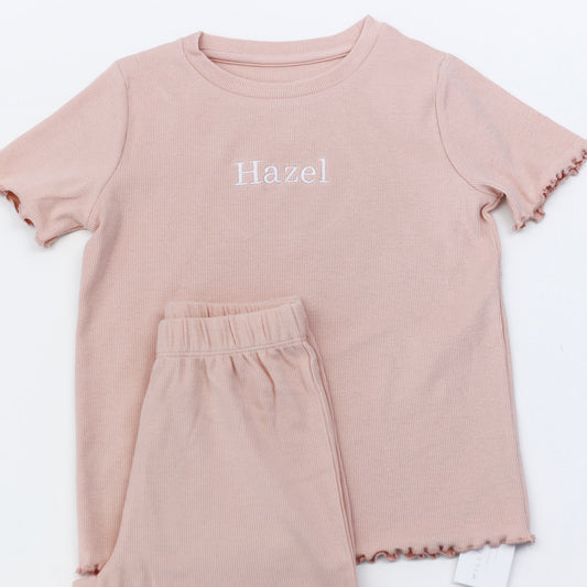 Blush Embroidered Ribbed Frill T-shirt & Shorts Set
