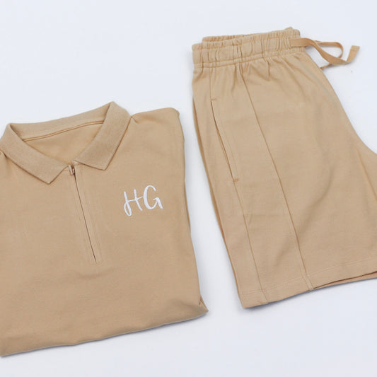 Sand Embroidered Zip Neck Polo & Shorts Set
