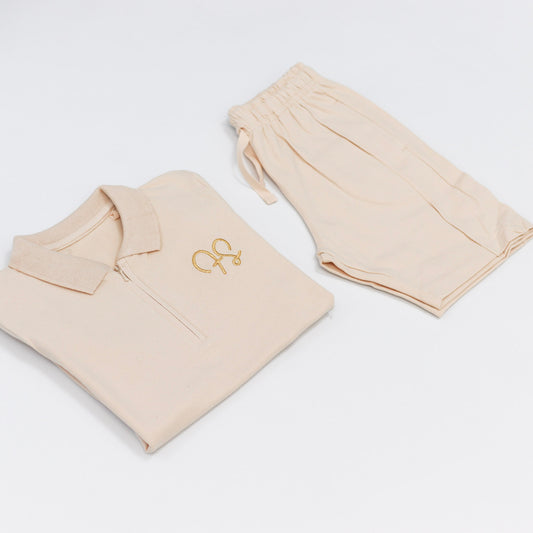 Nude Embroidered Zip Neck Polo & Shorts Set