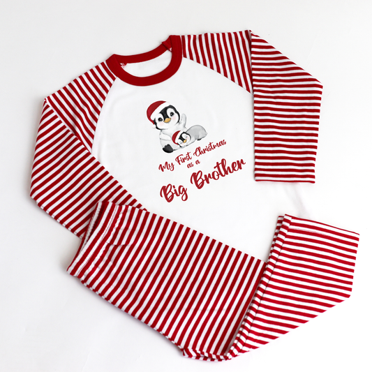 First Christmas as a Big Brother Penguin Red Stripe Raglan Pj's