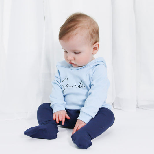 Baby Blue & Navy Hooded Top Footie Lounge Set (Made to Order)