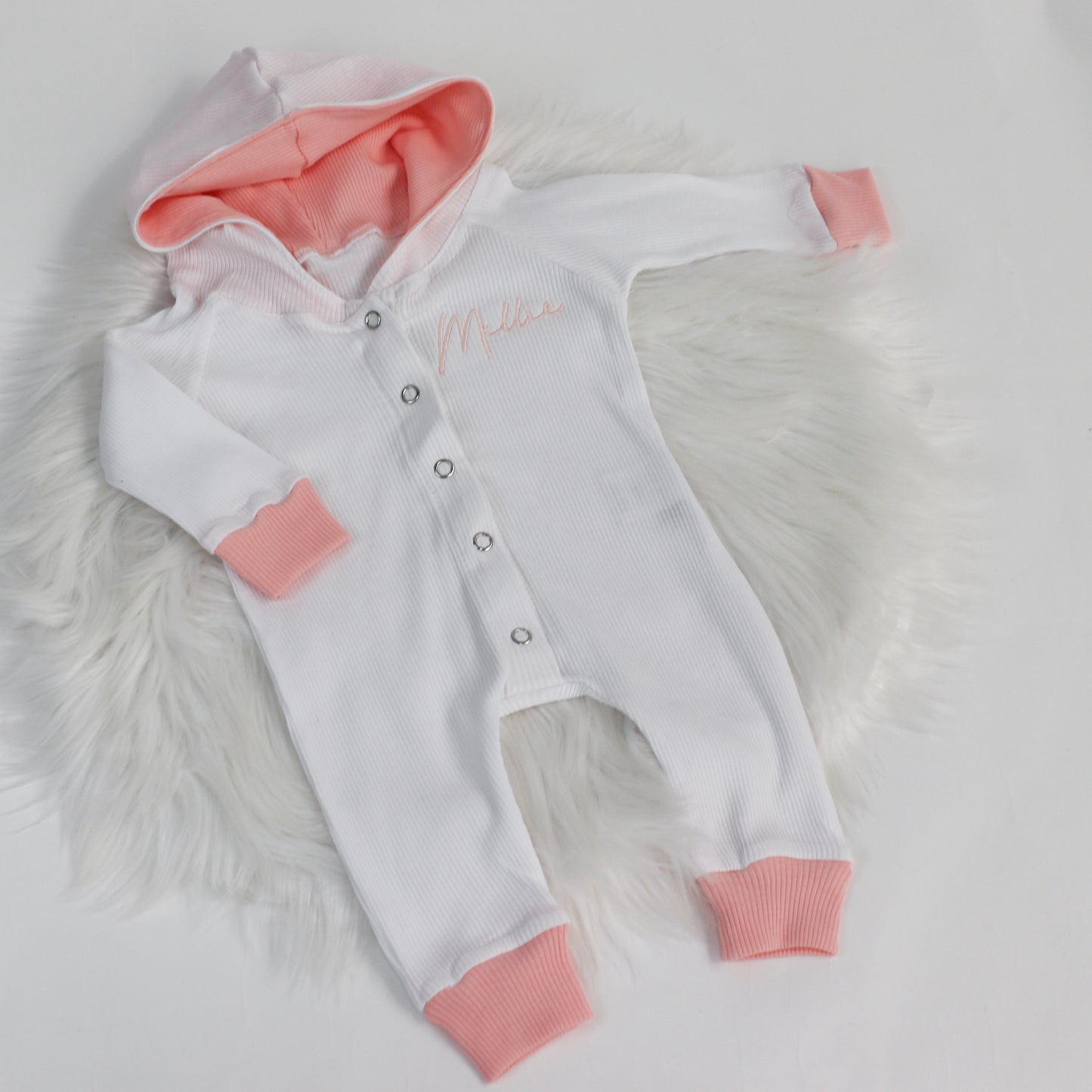 White & Pinky Peach Ribbed Lounge Hooded All-In-One (Made to Order)
