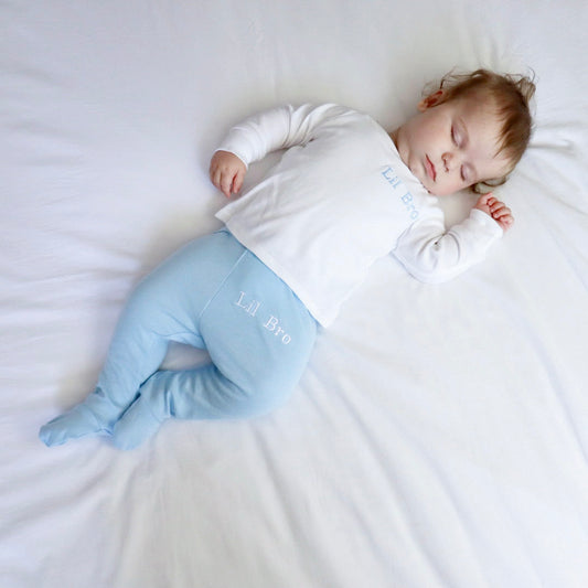 White Long Sleeve Lounge T-shirt & Baby Blue Footie Leggings  (Made to Order)