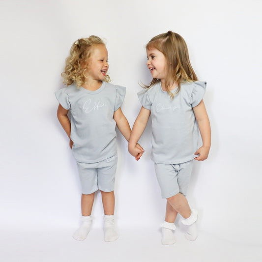 Dove Grey Short Sleeve Flutter Sleeve & Cycle Shorts Lounge Set (Made to Order)