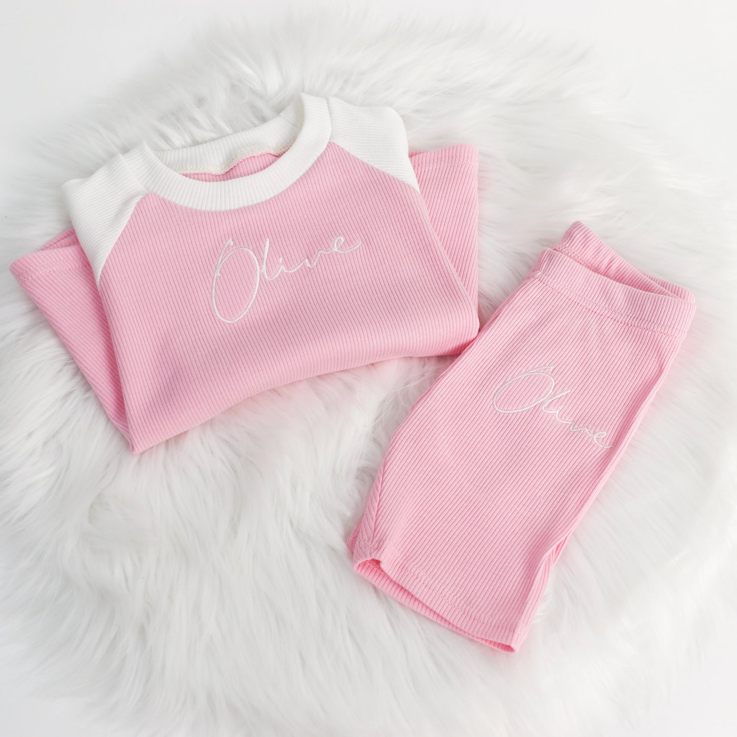 Baby Pink & Cream Ribbed Swing Top & Cycle Shorts Lounge Set (Made to Order)