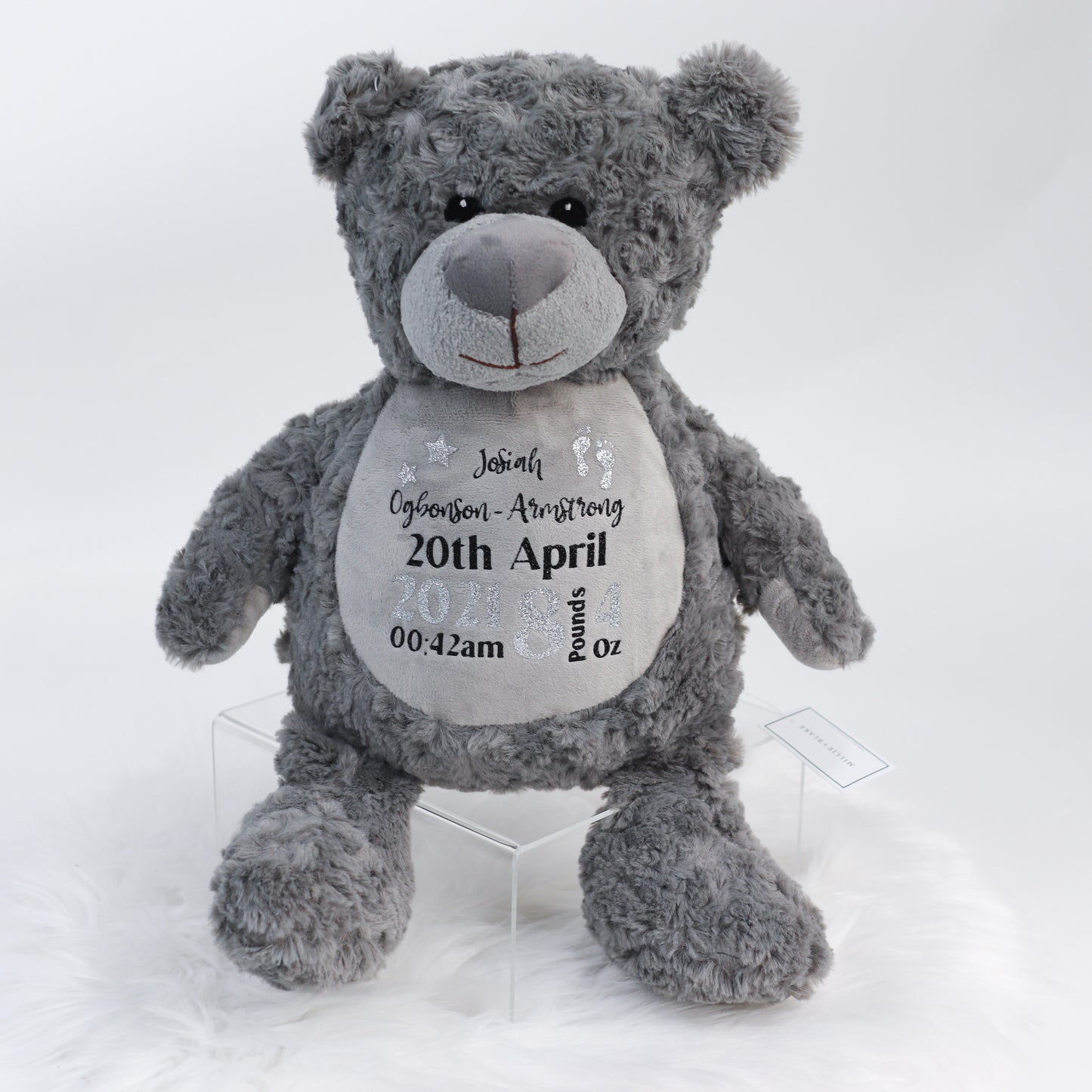 Grey Personalised Birth Teddy Bear Plush