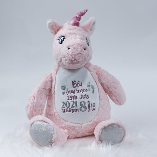 Pink Unicorn Personalised Birth Teddy Bear (New) Plush