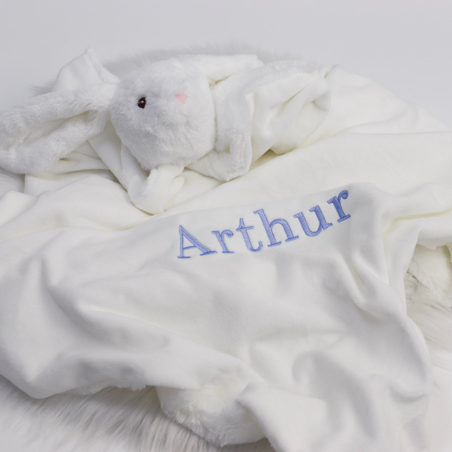 White Bunny Embroidered Teddy Blanket