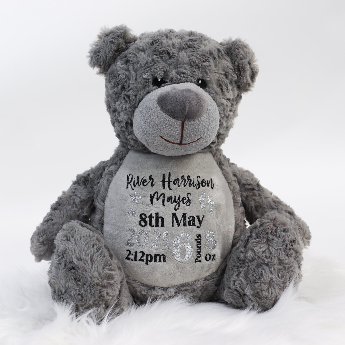 Grey Personalised Birth Teddy Bear Plush