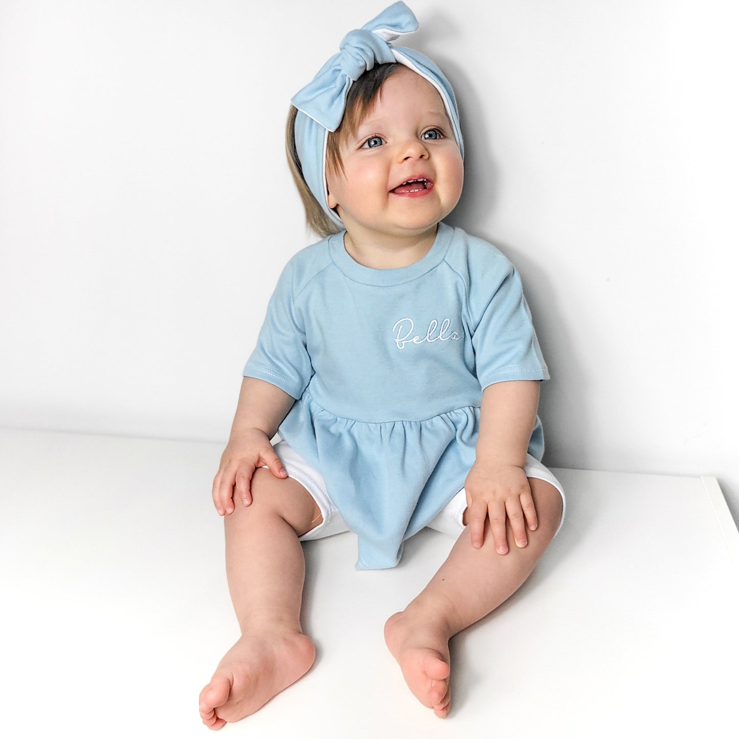 Baby Blue & White Lounge Short Sleeve Peplum T-Shirt & Cycle Short Set (Made to Order)