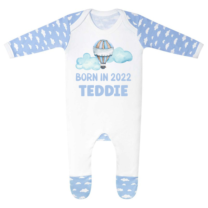 Born in Year Hot Air Balloon Printed Blue Cloud Rompersuit