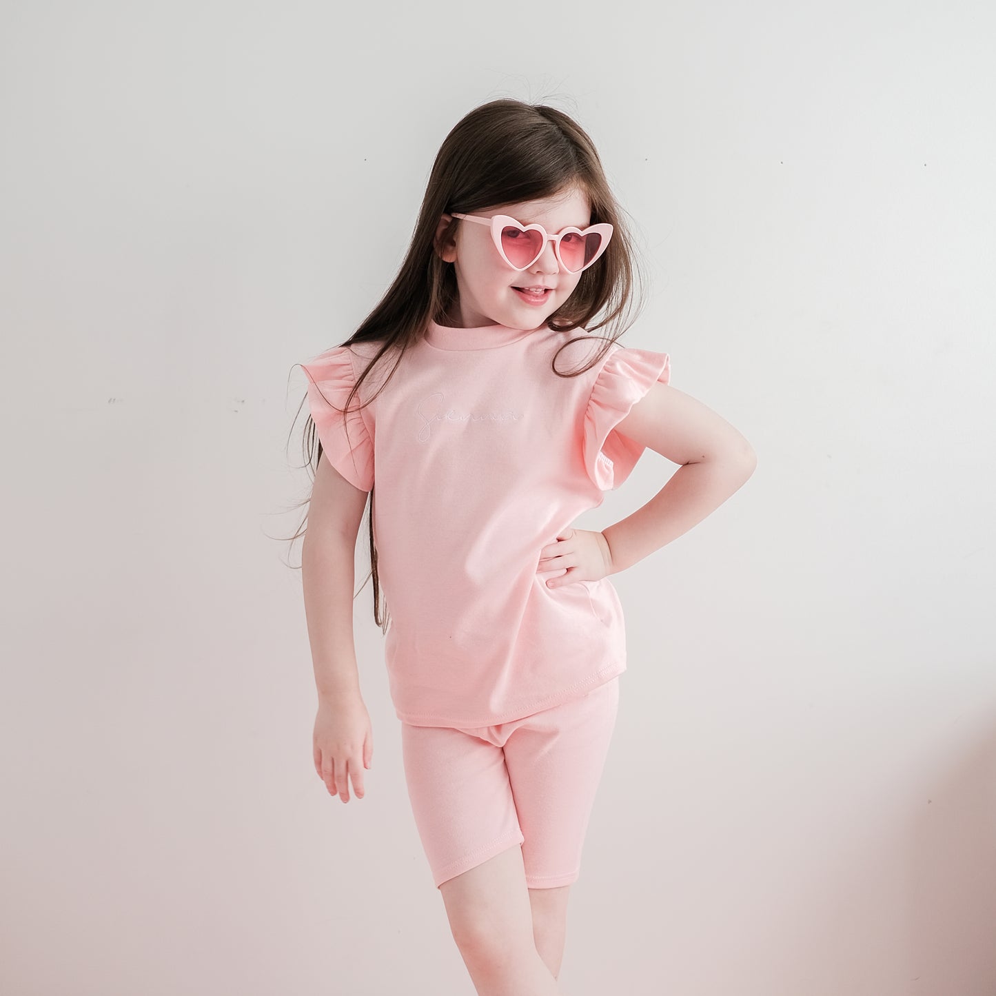 Pinky Peach Short Sleeve Flutter Sleeve & Cycle Shorts Lounge Set (Made to Order)