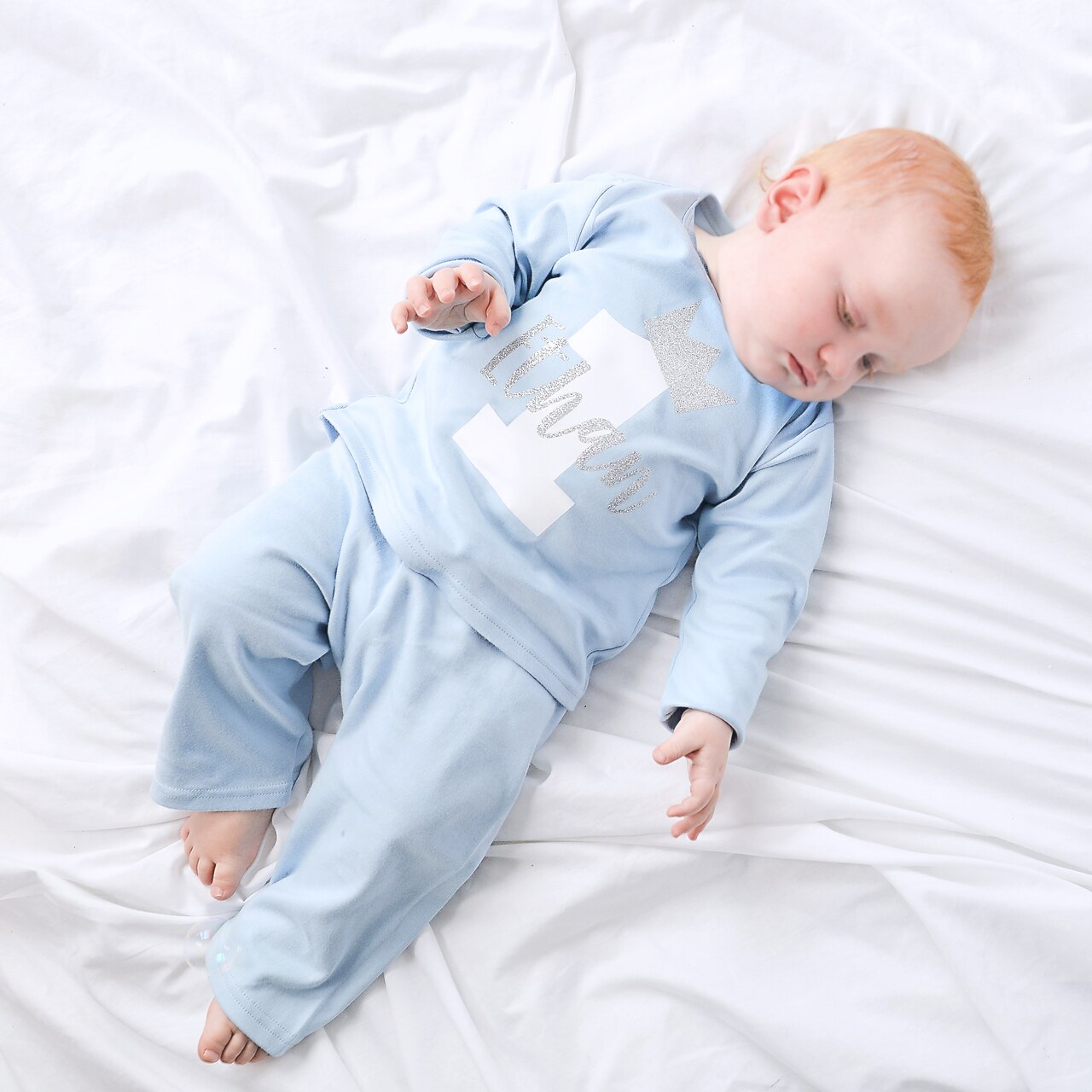 Boys Personalised Crown Birthday Number Name Blue Baby Pyjamas