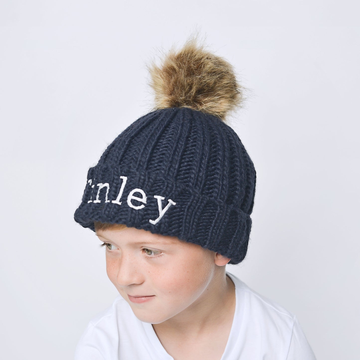 Navy Embroidered Faux Fur Pom Pom Hat