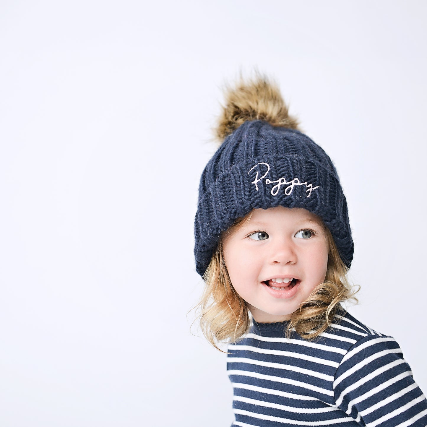 Navy Embroidered Faux Fur Pom Pom Hat