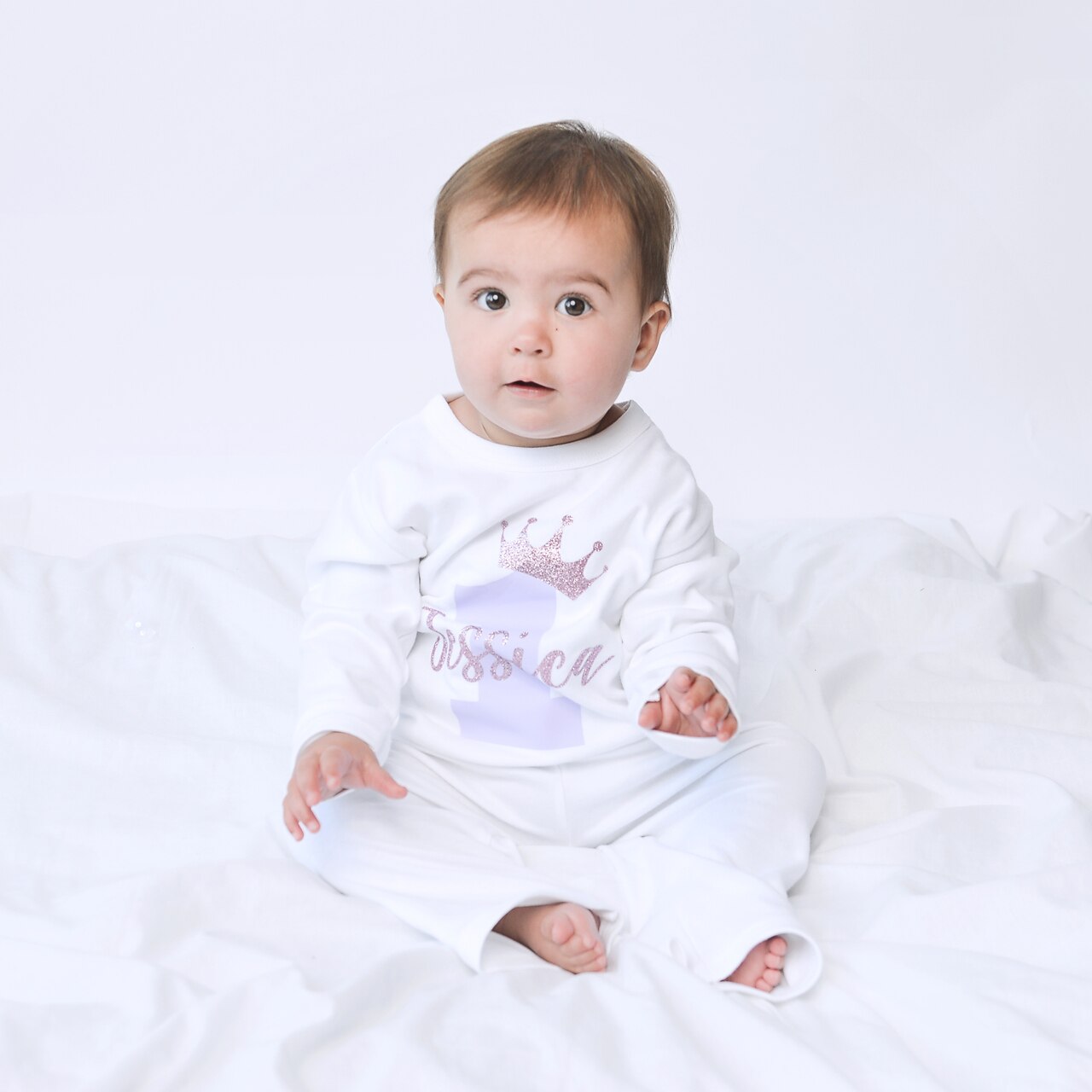 Crown Birthday Number Name Personalised White Baby Pyjamas