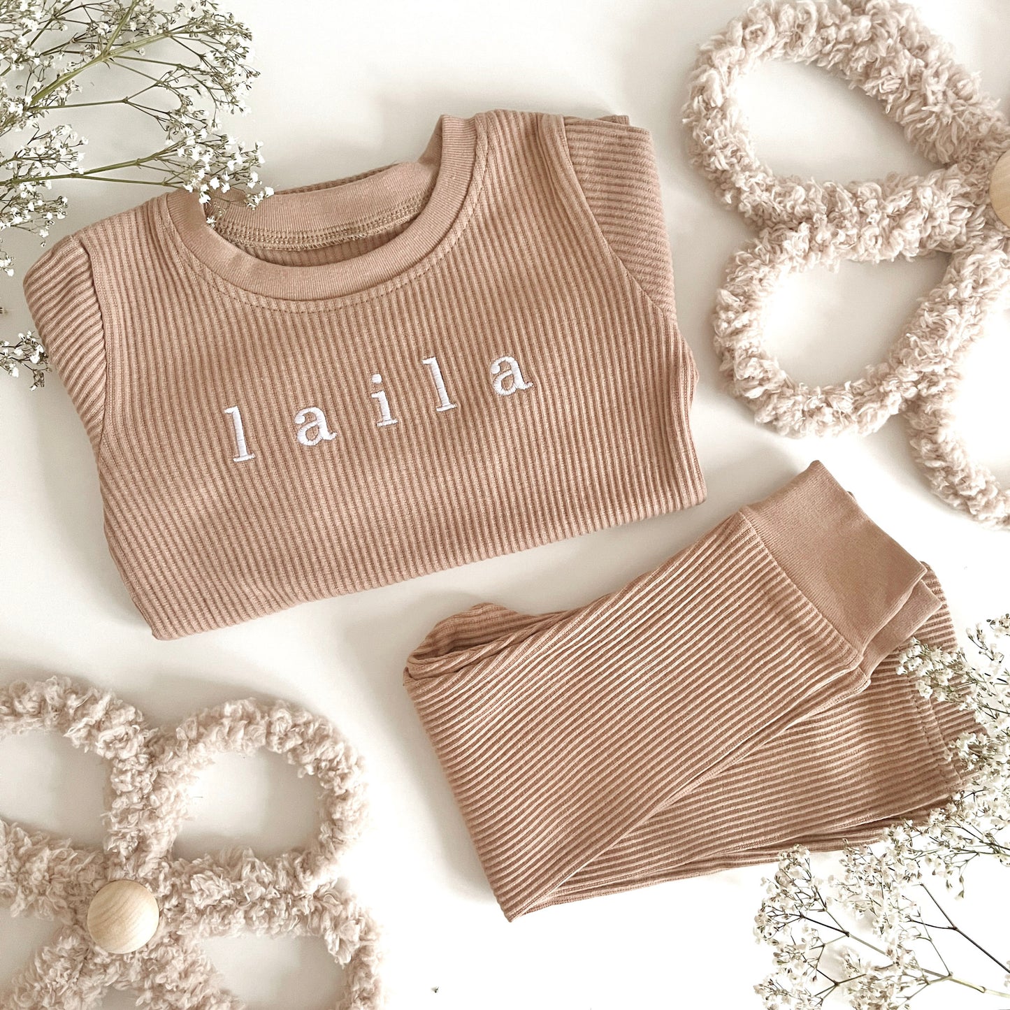 Taupe Embroidered Ribbed Comfy Set
