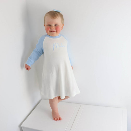 Cream & Baby Blue Ribbed Lounge Long Sleeve Raglan Dress (Made to Order)