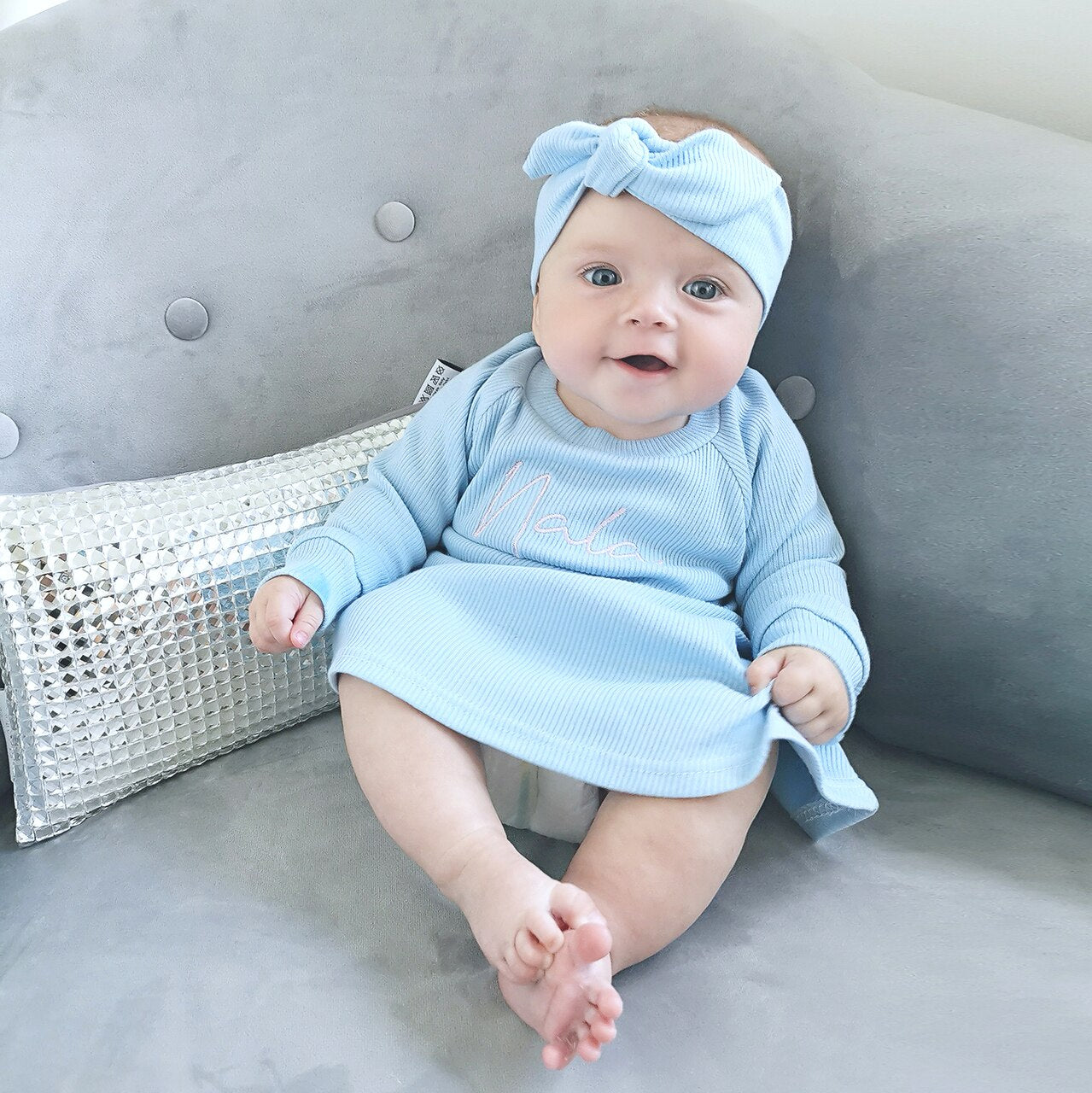 Baby Blue Ribbed Lounge Long Sleeve Raglan Dress (Made to Order)