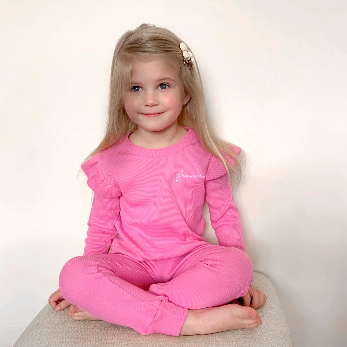 Candy Pink Ribbed Lounge Long Sleeve Flutter T-Shirt & Leggings Set (Made to Order)