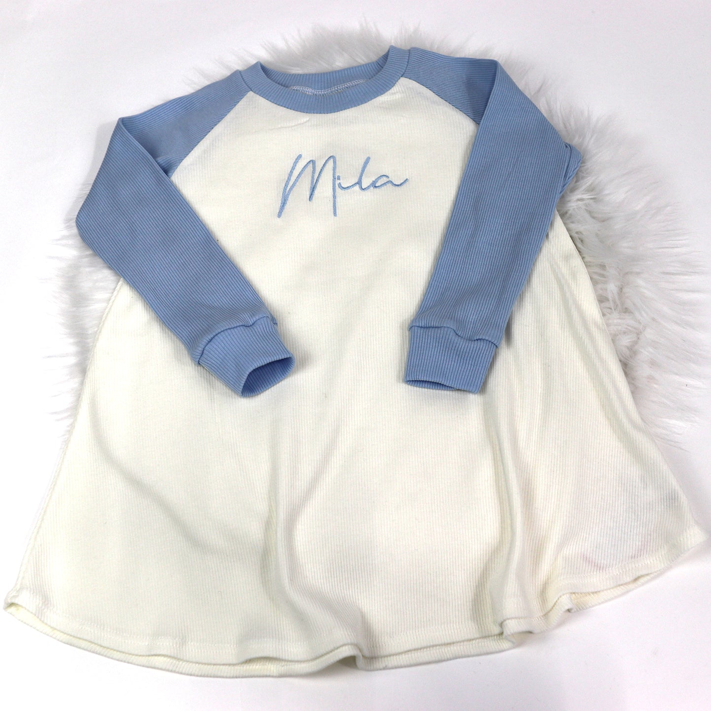 Cream & Baby Blue Ribbed Lounge Long Sleeve Raglan Dress (Made to Order)