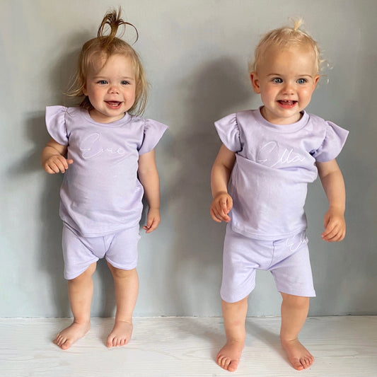Lilac Short Sleeve Flutter Sleeve & Cycle Shorts Lounge Set (Made to Order)