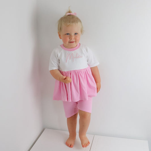 White & Baby Pink Lounge Mix & Match Split Short Sleeve Peplum T-Shirt & Cycle Short Set (Made to Order)