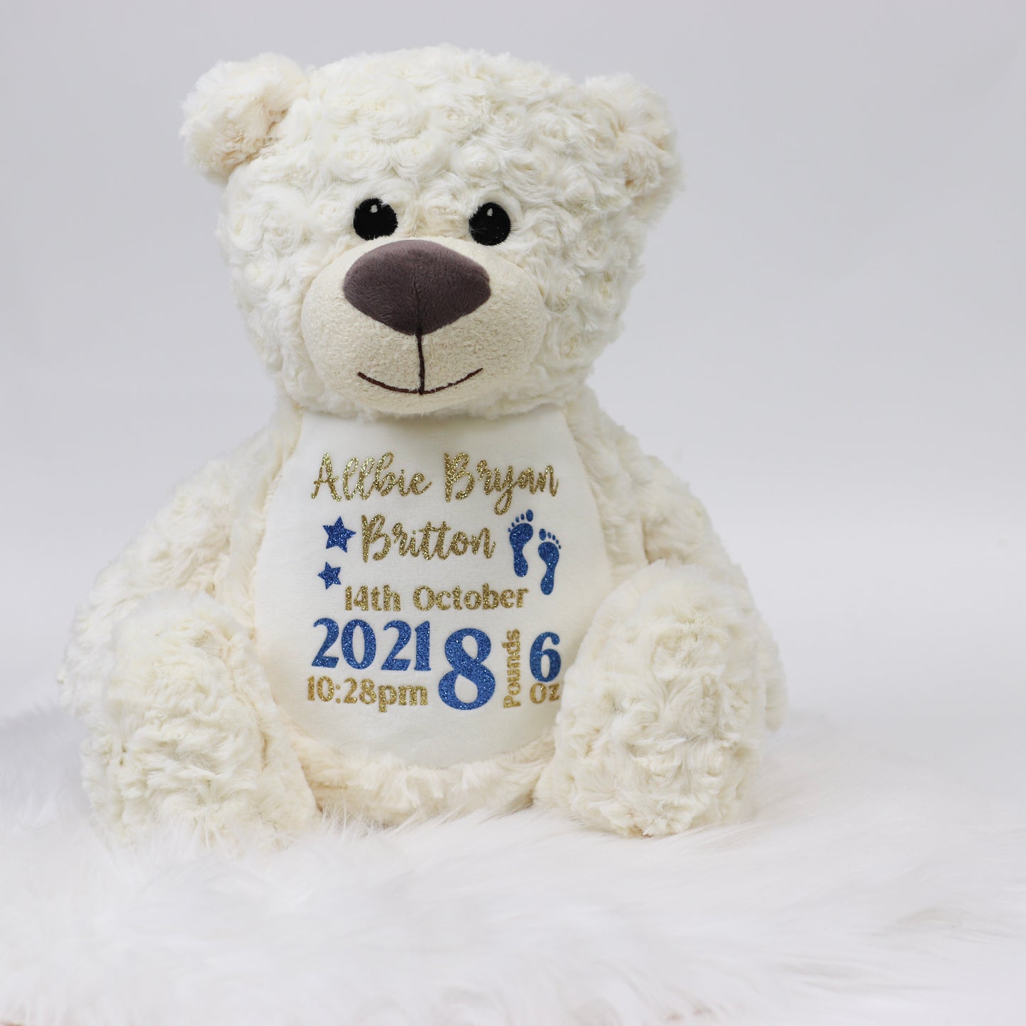 Cream (Blue) Personalised Birth Teddy Bear Plush