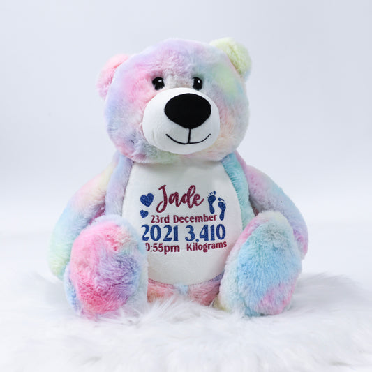 Tie Dye Bear Personalised Birth Teddy Bear Plush