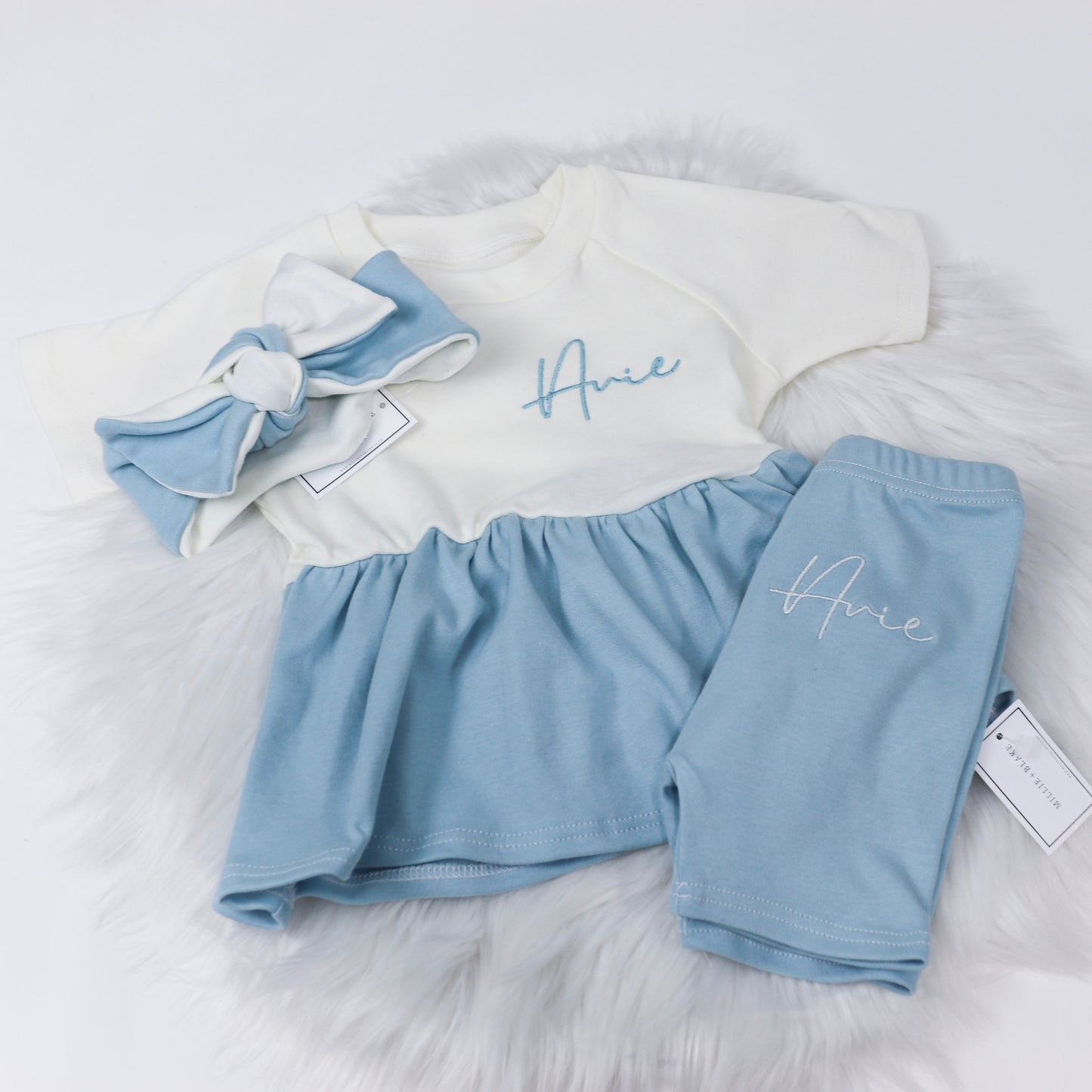 Cream & Baby Blue Lounge Split Short Sleeve Peplum T-Shirt & Cycle Short Set (Made to Order)