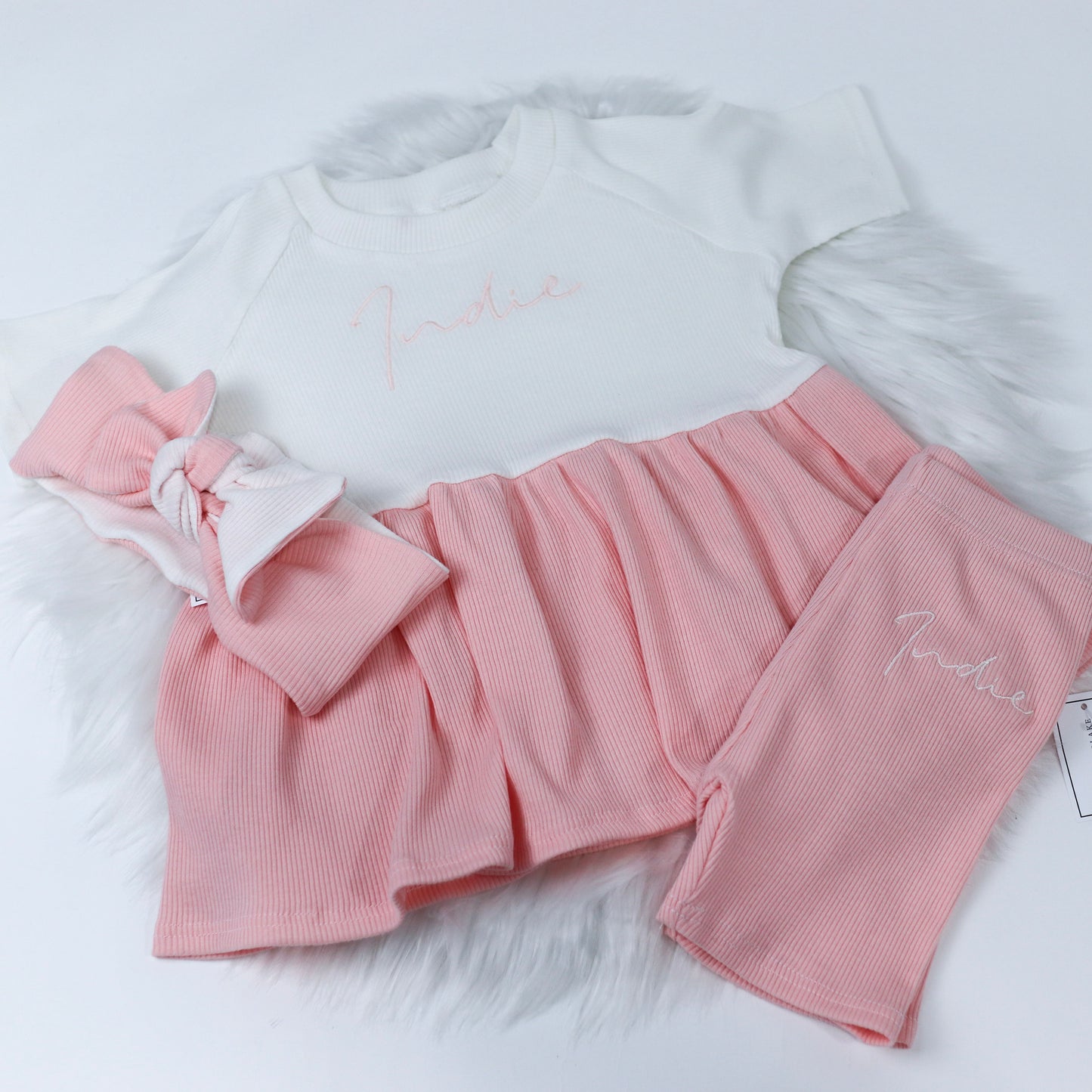 Cream & Pinky Peach Ribbed Lounge Split Short Sleeve Peplum T-Shirt & Cycle Short Set (Made to Order)