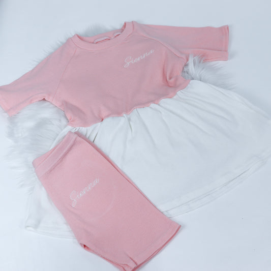 Pinky Peach & Cream Ribbed Lounge Split Short Sleeve Peplum T-Shirt & Cycle Short Set (Made to Order)