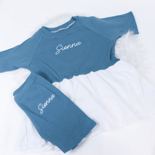 Dusky Blue & White Ribbed Lounge Split Short Sleeve Peplum T-Shirt & Cycle Short Set (Made to Order)