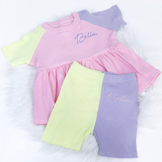Baby Pink, Lilac & Lemon Ribbed Lounge Split Short Sleeve Peplum T-Shirt & Cycle Short Set (Made to Order)