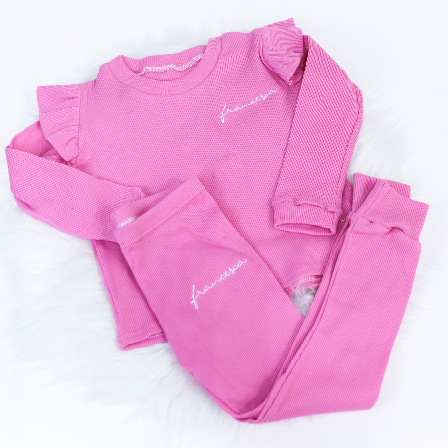 Candy Pink Ribbed Lounge Long Sleeve Flutter T-Shirt & Leggings Set (Made to Order)