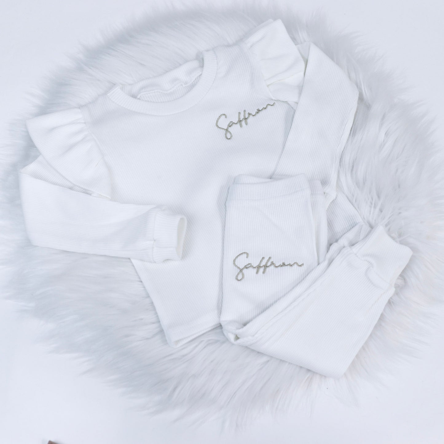 Cream Ribbed Lounge Long Sleeve Flutter T-Shirt & Leggings Set (Made to Order)