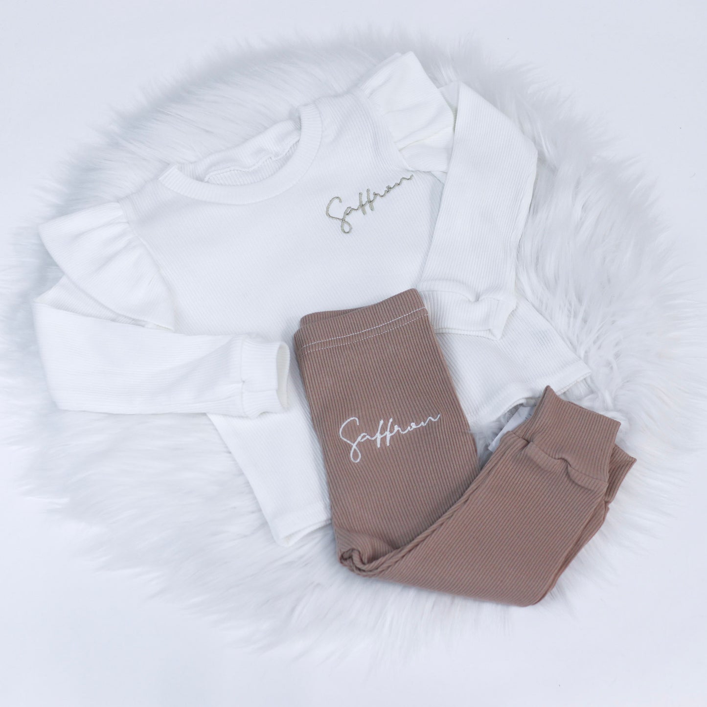 Cream Ribbed Flutter Long Sleeve T-Shirt & Stone Ribbed Lounge Leggings (Made to Order)