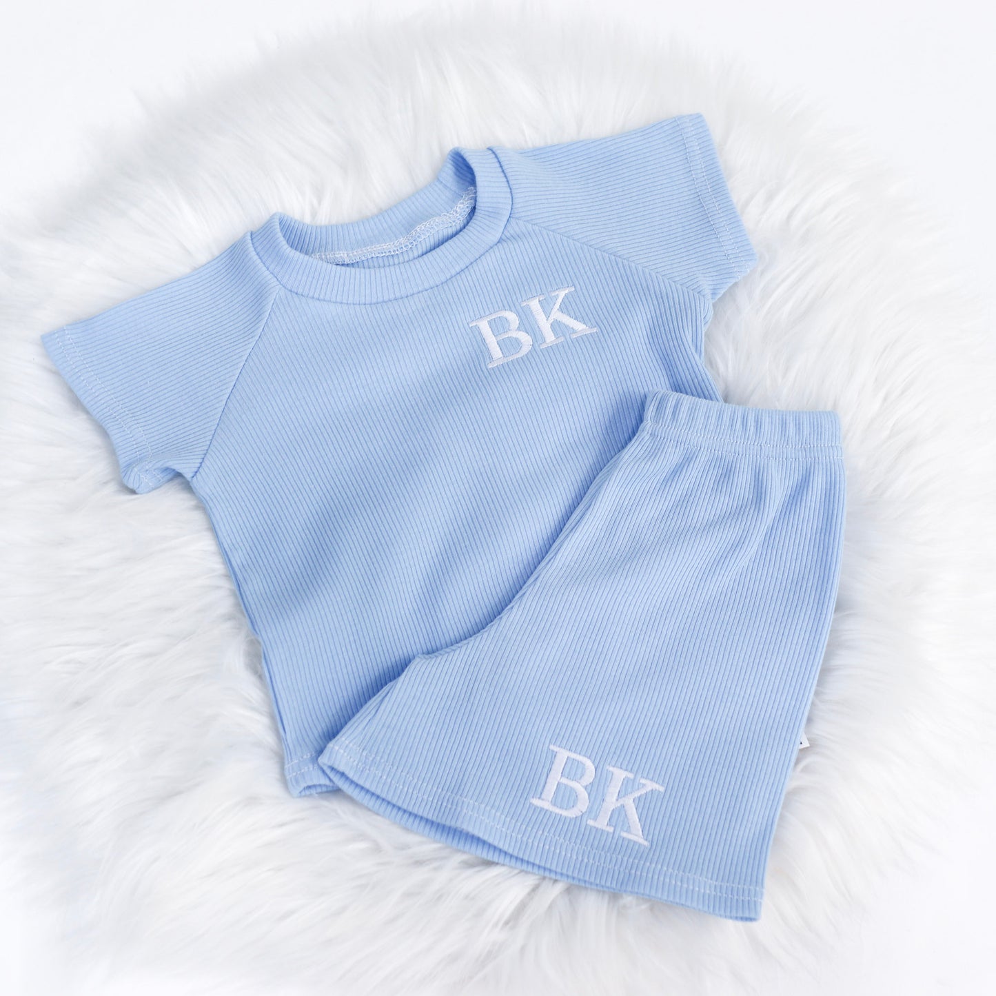 Baby Blue Ribbed Shorts Lounge Set (Made to Order)