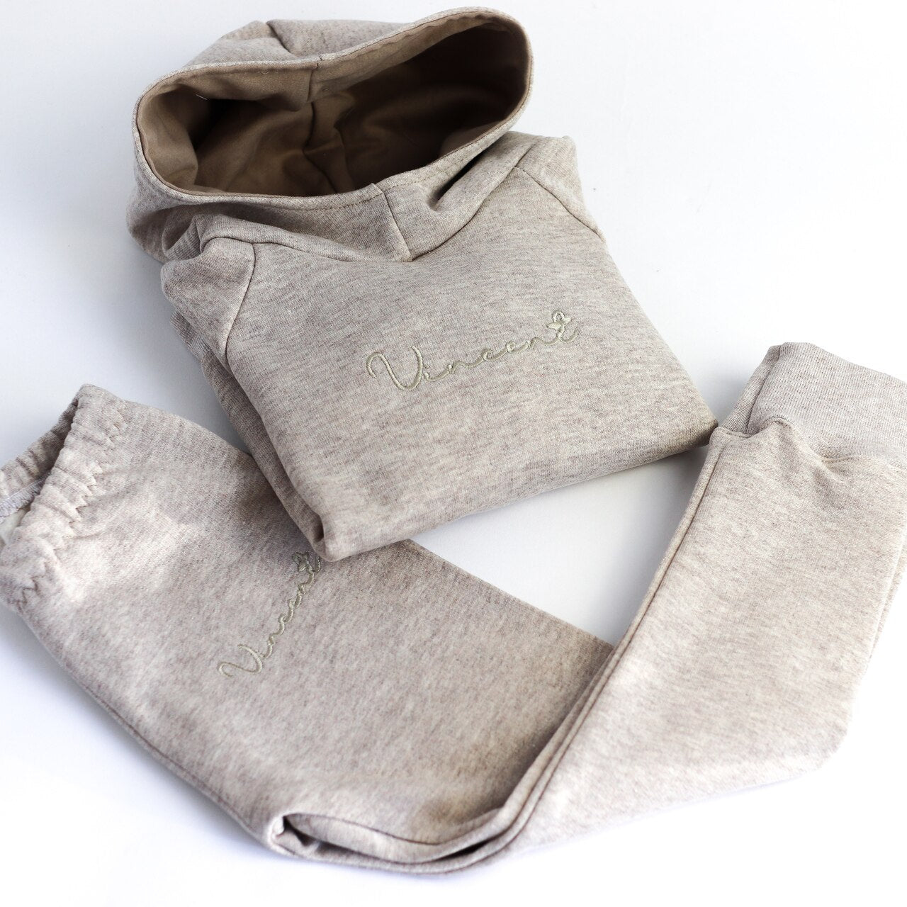 Oatmeal Fleece Backed Cross Neck Hooded Top Full Lounge Set With Stone Lining (Made to Order)
