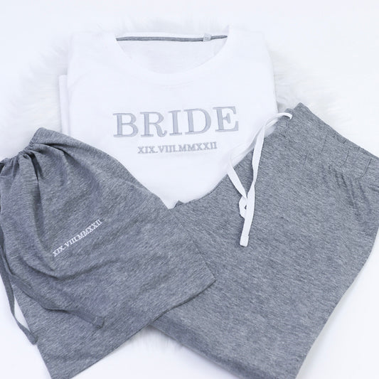 Bride Roman Numerals Embroidered Adult Long Pj's in a Bag
