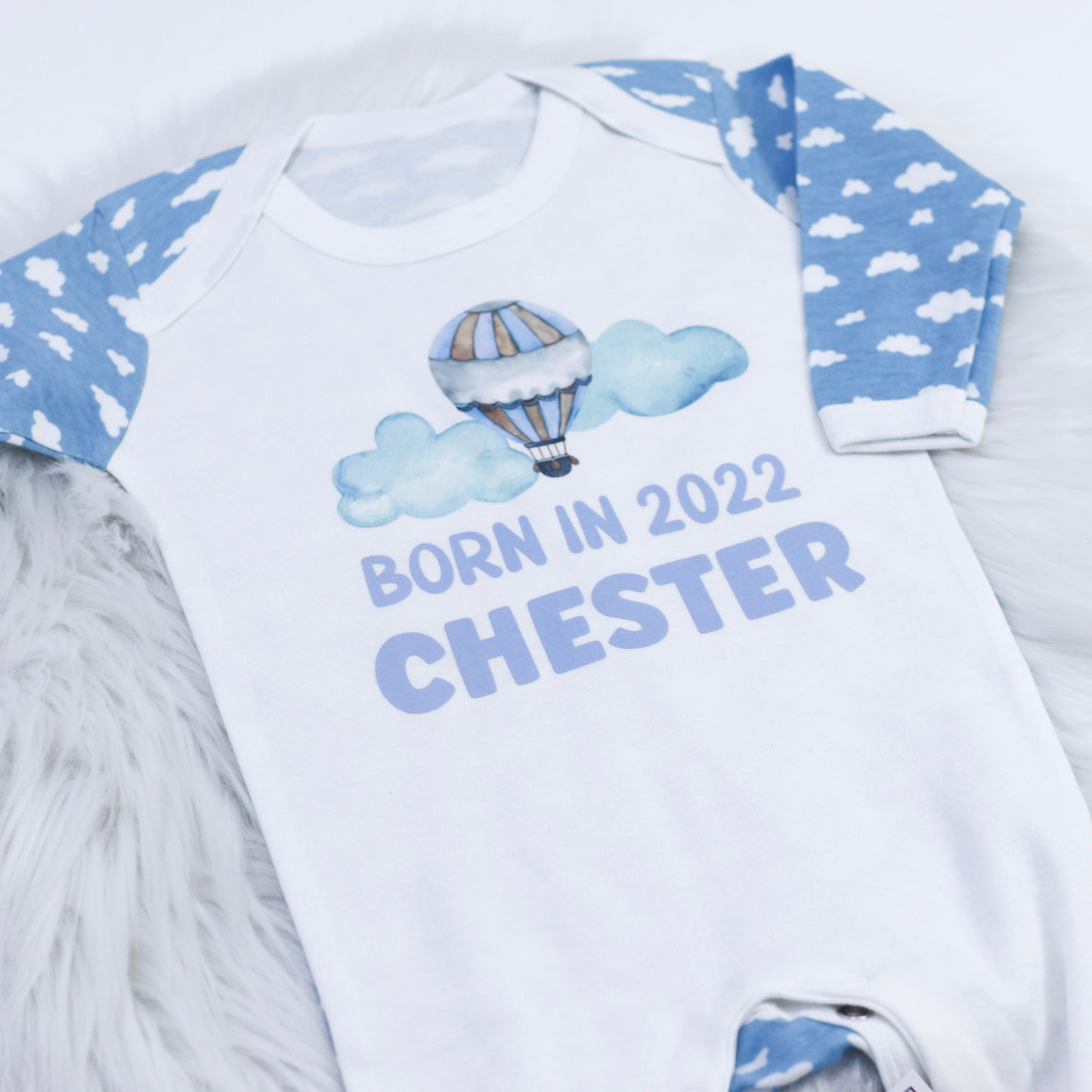 Born in Year Hot Air Balloon Printed Blue Cloud Rompersuit