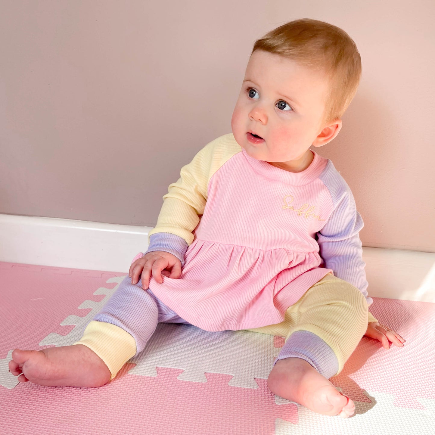 Baby Pink, Lilac & Lemon Ribbed Lounge Long Sleeve Peplum T-Shirt & Leggings Set (Made to Order)