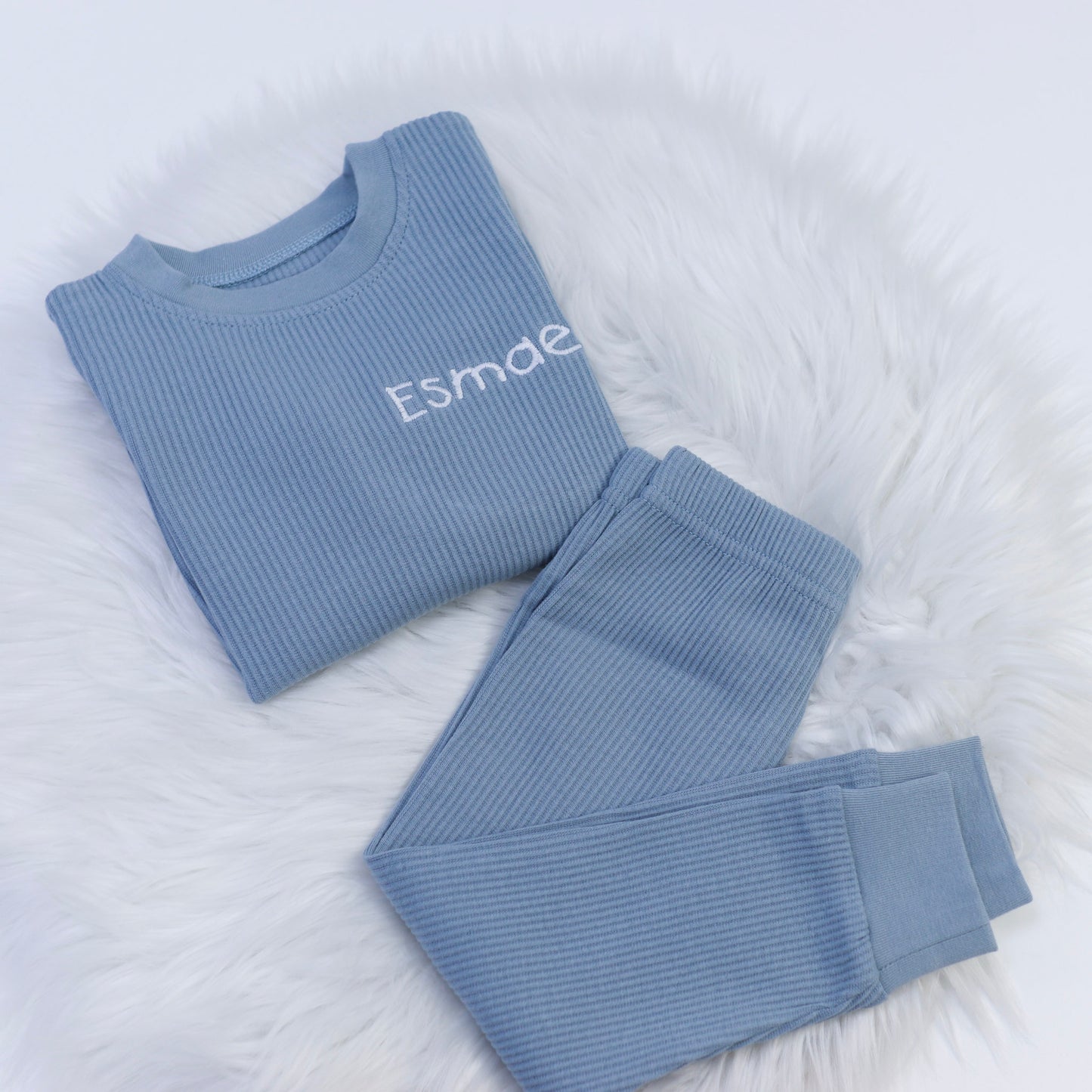 Dusty Blue Embroidered Ribbed Comfy Set