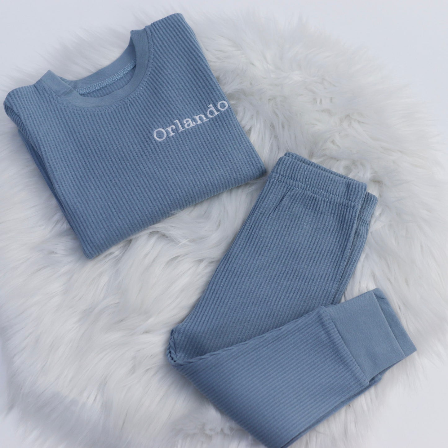 Dusty Blue Embroidered Ribbed Comfy Set