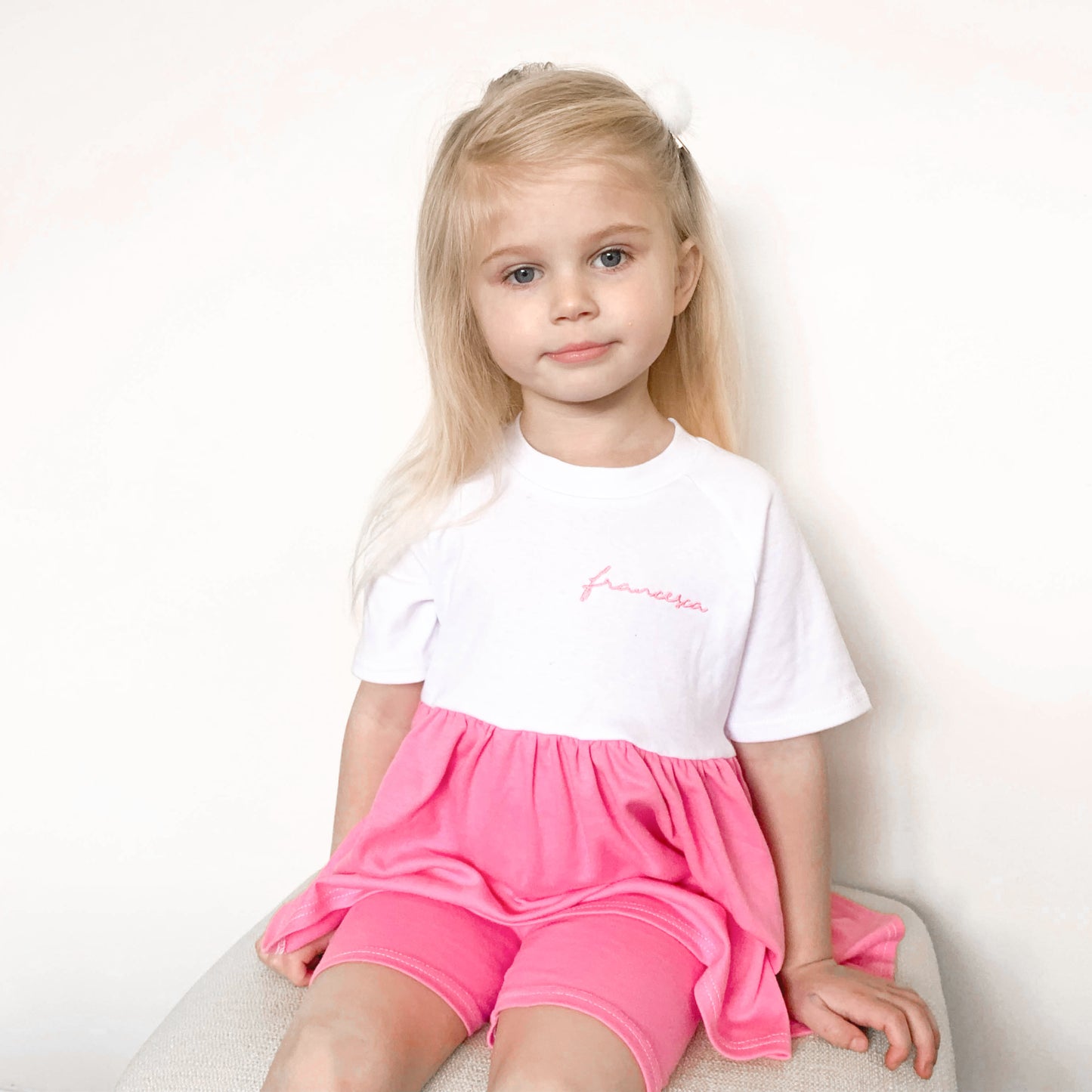 White & Candy Pink Lounge Split Short Sleeve Peplum T-Shirt & Cycle Short Set (Made to Order)