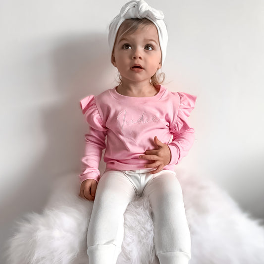 Baby Pink & White Lounge Long Sleeve Flutter T-Shirt & Leggings Set (Made to Order)
