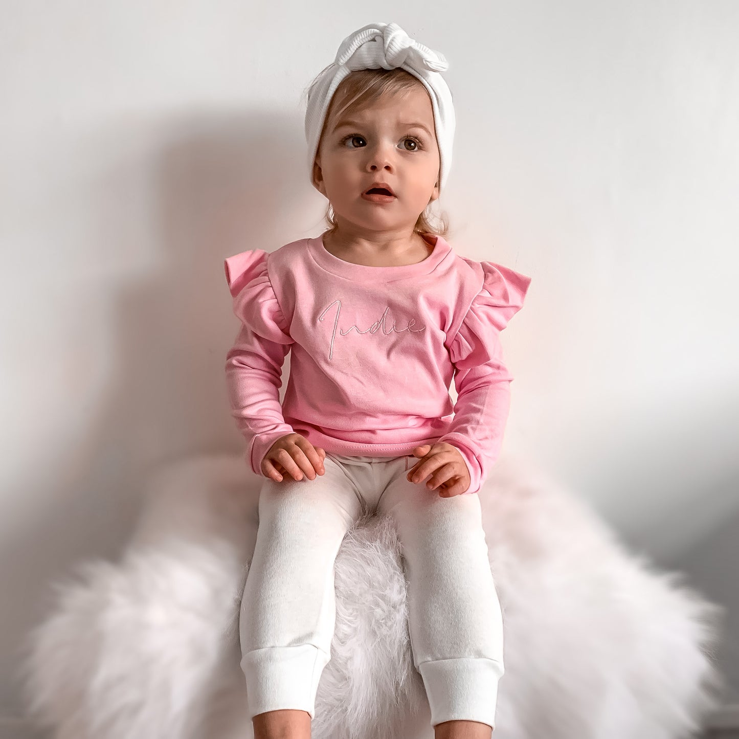Baby Pink & White Lounge Long Sleeve Flutter T-Shirt & Leggings Set (Made to Order)