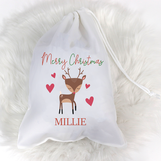 Merry Christmas Cute Reindeer Personalised Sack ⏰