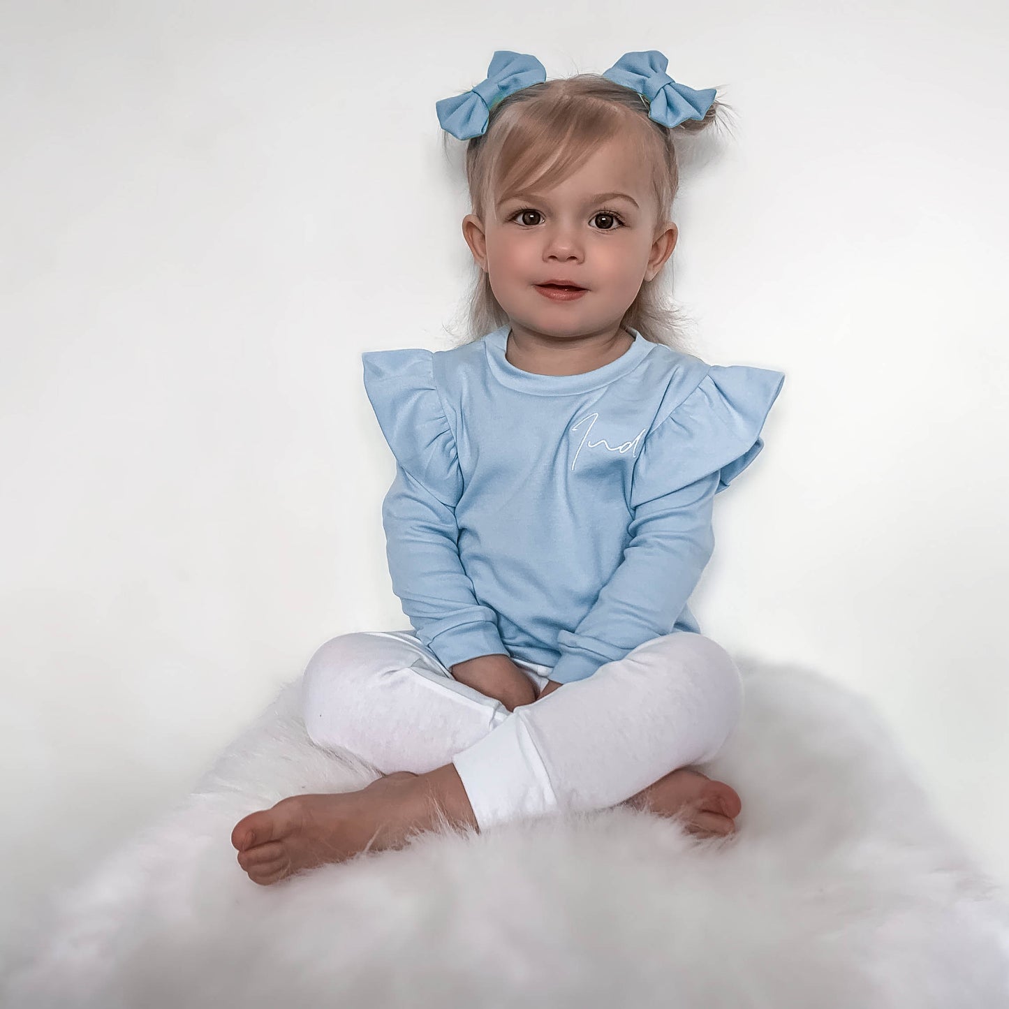 Baby Blue & White Lounge Long Sleeve Flutter T-Shirt & Leggings Set (Made to Order)