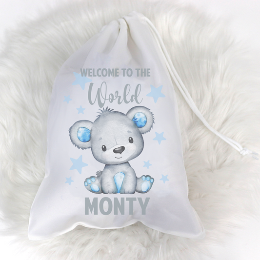 Welcome to the World Blue Bear Personalised Sack